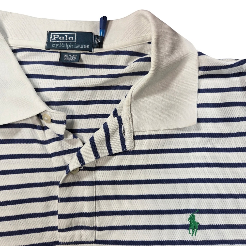Polo Ralph Lauren Polo Shirt Mens 2XB White Navy Blue Striped Short Sleeve Pony